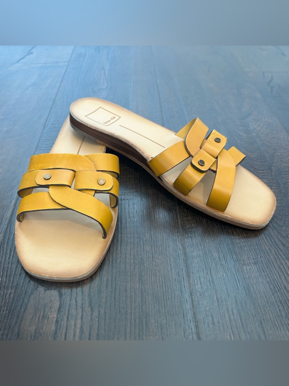 Dolce Vita Mustard Yellow Leather Slide Sandals with Braided Straps - Picture 3 of 5